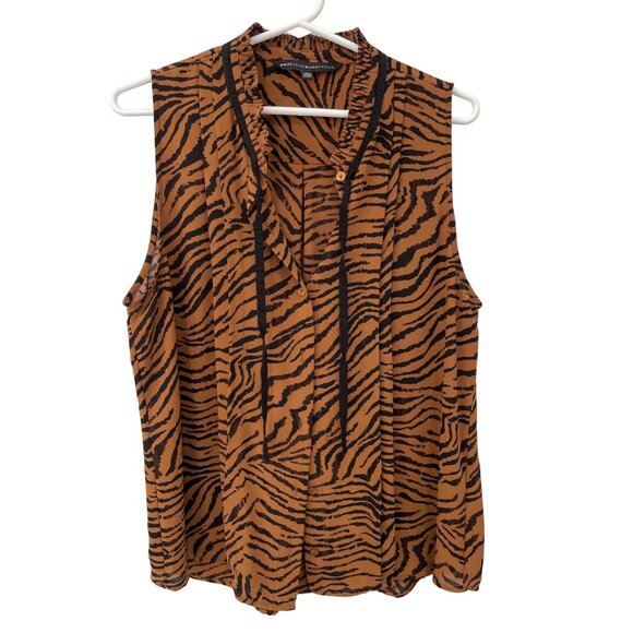White House Black Market Tiger Print Sleeveless Blouse Women M Button Front Chic - Picture 2 of 8